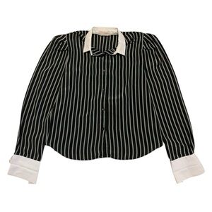 Vintage Miss Tee Made in Canada Pinstripe Blouse with White Collar & Cuffs S/M
